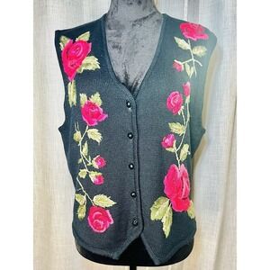 Vtg 90s Susan Bristol Sweater Vest Large Black Hand Embroidered Red Roses